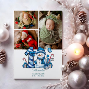 3 Photo Blue Snowman First Christmas Holiday Card