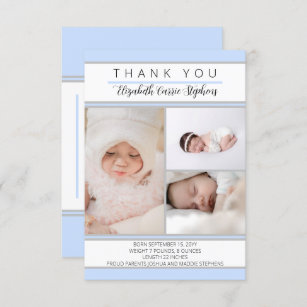3 Photo Blue White Baby Shower  Birth Announcemen Thank You Card