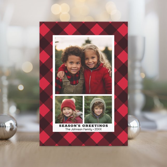 3 Photo Buffalo plaid Rustic Red Black Instant Holiday Card (Photo Christmas Card)