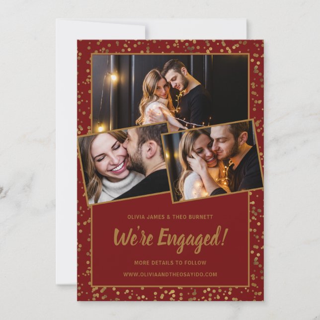 3 Photo Burgundy Gold Engagement Announcement (Front)