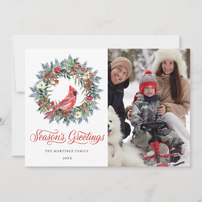 3 PHOTO Cardinal Rouge Carte de Noël Wreath (Devant)