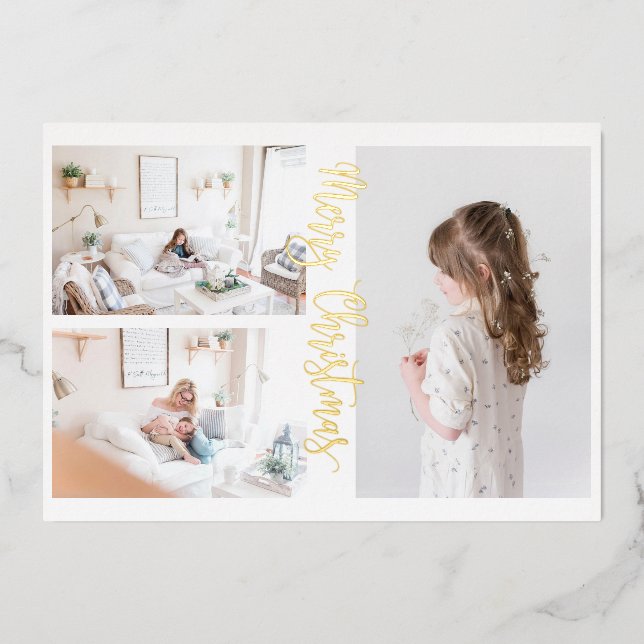 3 photo Christmas Gold Photo Card (Front)