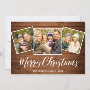 3 PHOTO Christmas Rustic Brown Boho Wood Greeting Holiday Card