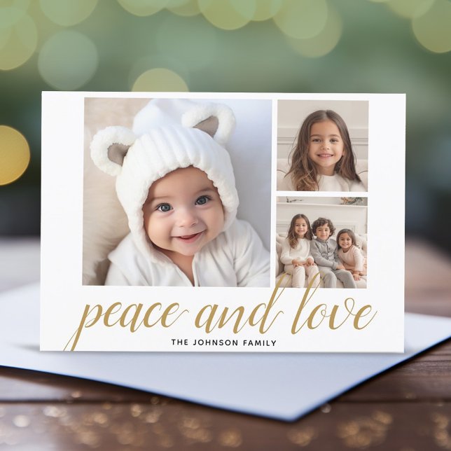 3 Photo Christmas Script Gold Damask Peace Love Holiday Card (3 Photo Online Christmas Card - Modern, Simple Design)