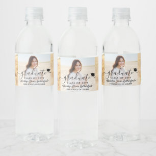 3 Photo Collage and Black Script Graduation Party Water Bottle Label
