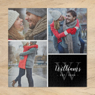 3 Photo Collage and Custom Monogram   Black Jigsaw Puzzle