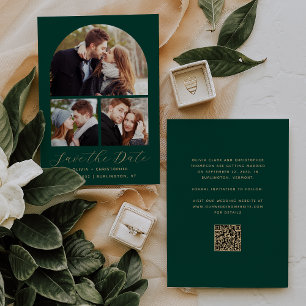 3-Photo Collage Arch Emerald Green Gold QR Code Save The Date