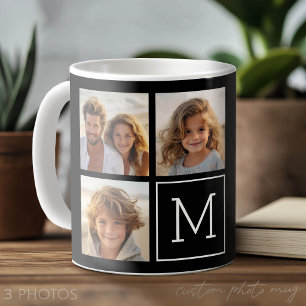 3 Photo Collage Black and White Trendy Monogram Coffee Mug