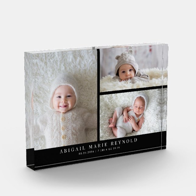 3 Photo Collage Black New Baby Keepsake  (Left)