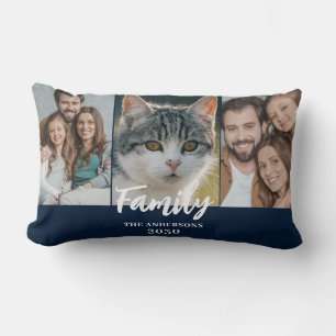 3 Photo Collage Blue Family Name Year Lumbar Pillow