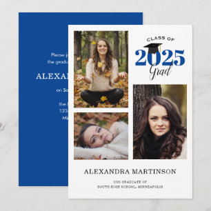 3 Photo Collage Blue Graduation Invitation