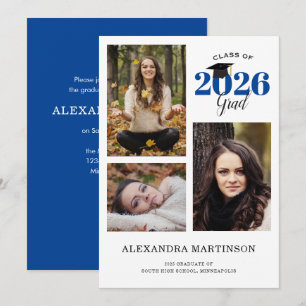 3 Photo Collage Blue Graduation Invitation