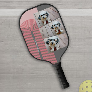 3 Photo Collage - boho coral line art arch - name Pickleball Paddle