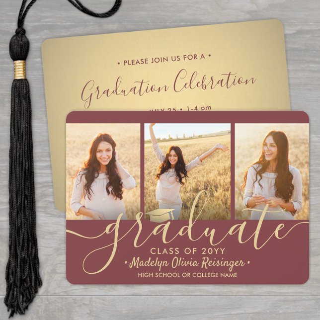 3 Photo Collage Burgundy and Gold Graduation Party Invitation (Creator Uploaded)