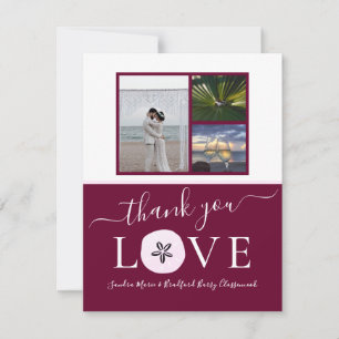 3 Photo Collage Burgundy Pink Sand dollar Wedding Thank You Card