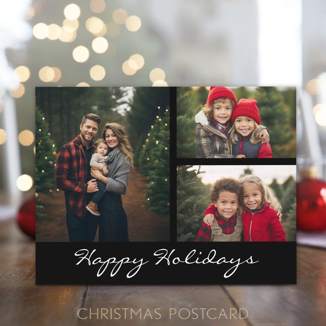 3 photo Collage Christmas - black minimal Holiday Postcard (Online Christmas Card Template for a postcard with  3 photos and a black background.)