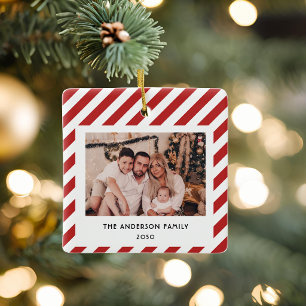 3 Photo Collage Christmas Red Stripes Custom Ceramic Ornament
