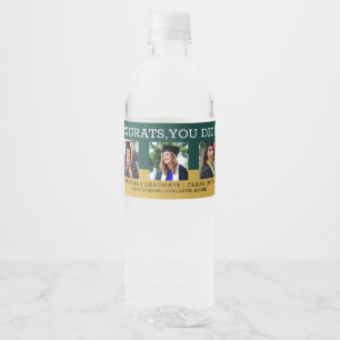 3 Photo Collage Congrats Grad Green And Gold   Water Bottle Label