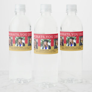 3 Photo Collage Congrats Grad Red and Gold, Water Bottle Label