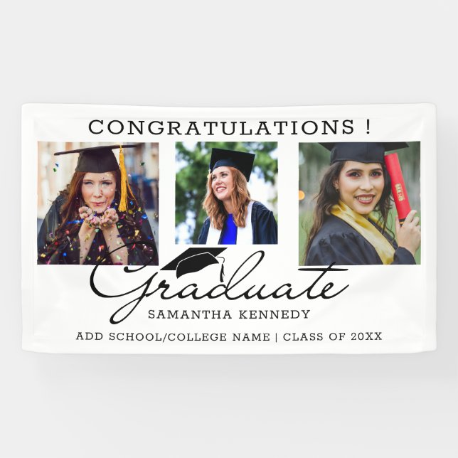 3 Photo Collage Congrats Graduate Black And White Banner (Horizontal)