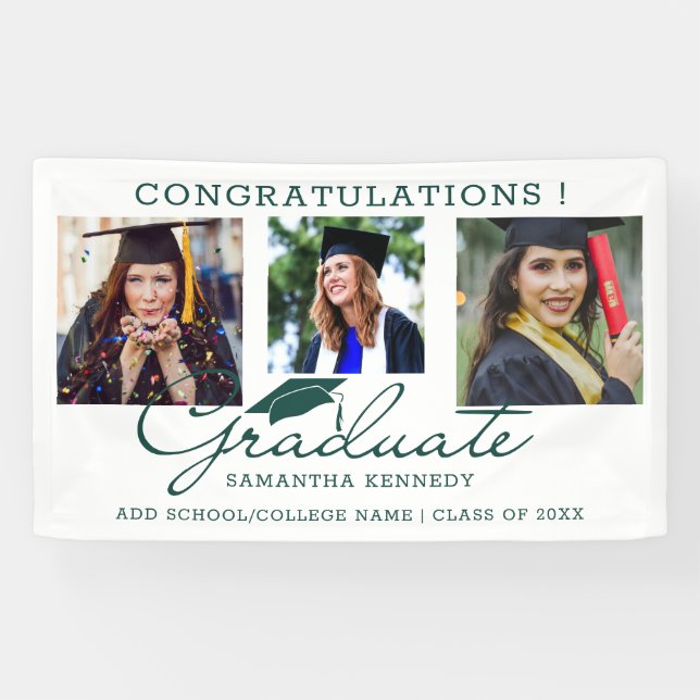 3 Photo Collage Congrats Graduate Green And White Banner (Horizontal)