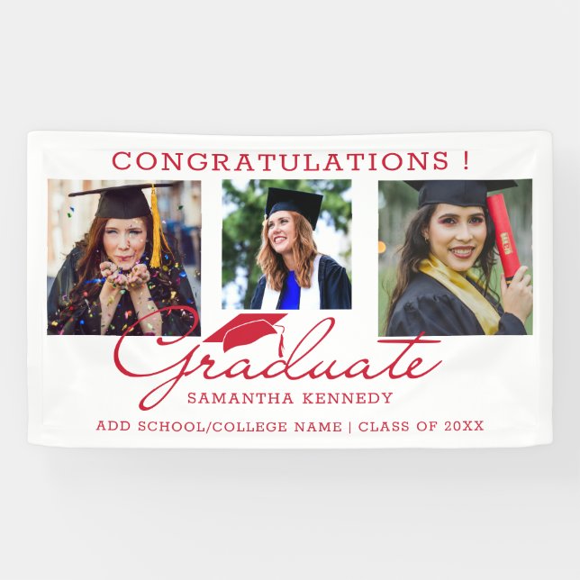 3 Photo Collage Congratulations Graduate Red White Banner (Horizontal)