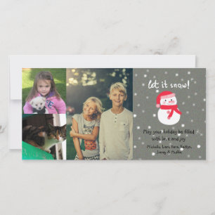 3 Photo Collage Custom Name Cute Snowman Christmas Holiday Card