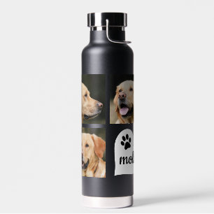 3 Photo Collage Dog Name Black and White Heart Pla Water Bottle