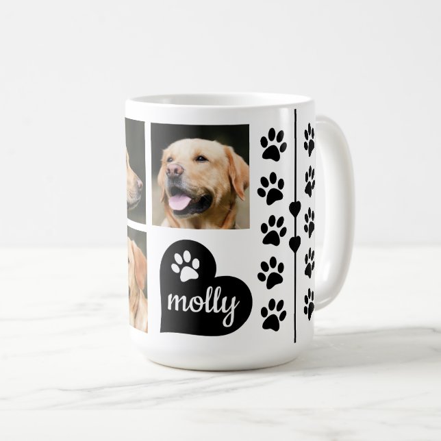 3 Photo Collage Dog Name Black Heart Coffee Mug (Front Right)