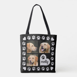 3 Photo Collage Dog Name Black Heart Tote Bag