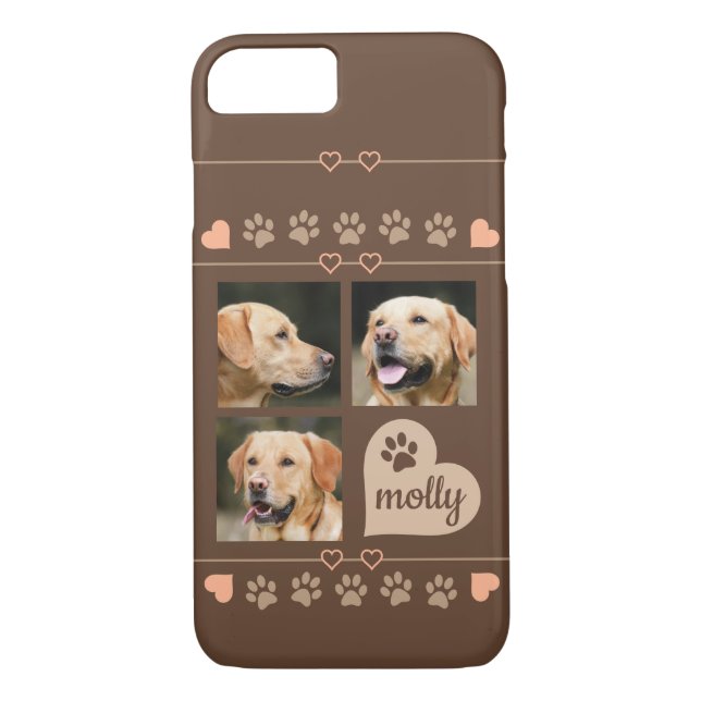 3 Photo Collage Dog Name Brown Heart Case-Mate iPhone Case (Back)