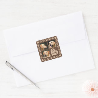 3 Photo Collage Dog Name Brown Heart Square Sticker