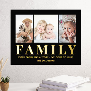 3 Photo Collage Family Keepsake Black and Real Foil Prints