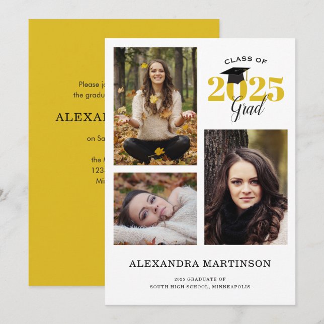 3 Photo Collage Gold and Black Graduation Party Invitation (Front/Back)