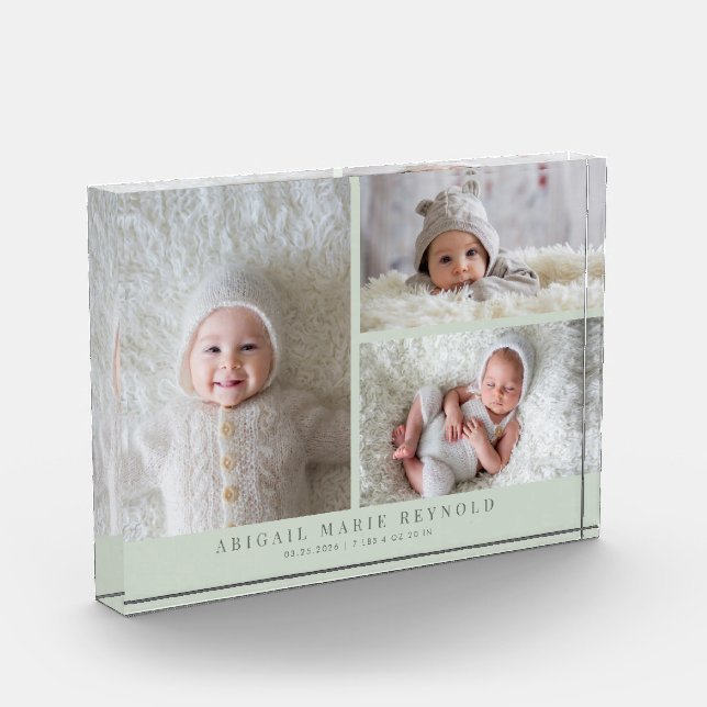 3 Photo Collage Green New Baby Keepsake  (Left)