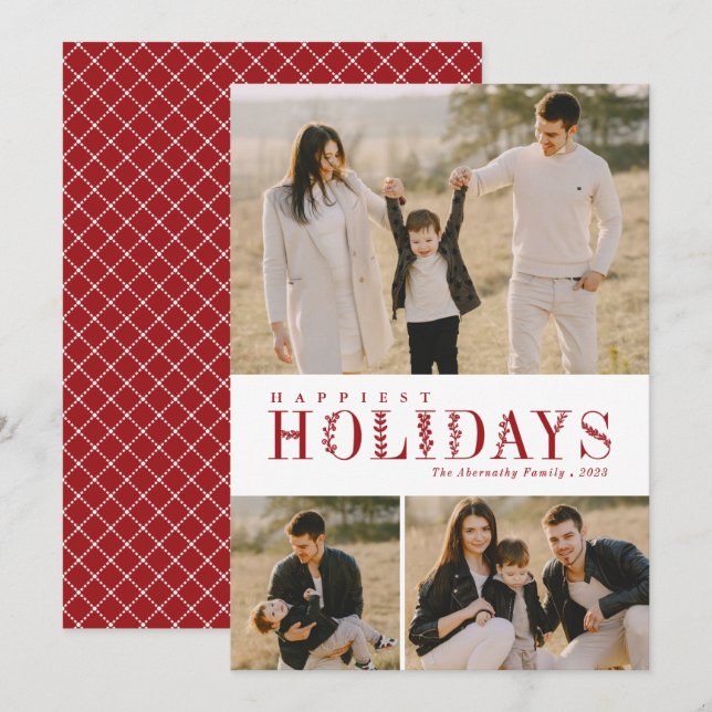 3 Photo Collage Greenery Letters Happiest Red Holiday Card (Front/Back)