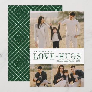 3 Photo Collage Greenery Letters Love Hugs Green Holiday Card