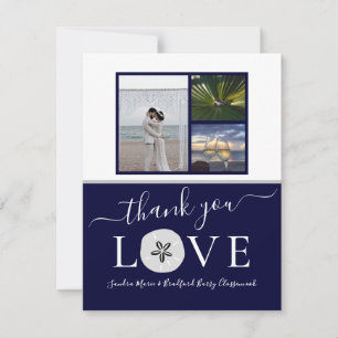 3 Photo Collage Grey Sand dollar Navy Blue Wedding Thank You Card