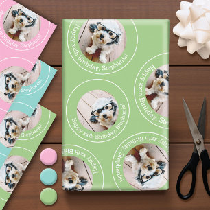 3 photo Collage Happy Birthday Circles pink blue Wrapping Paper Sheet