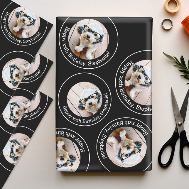 3 photo Collage Happy Birthday Circles Wrapping Paper Sheet (Personalized Photo Wrapping Paper)