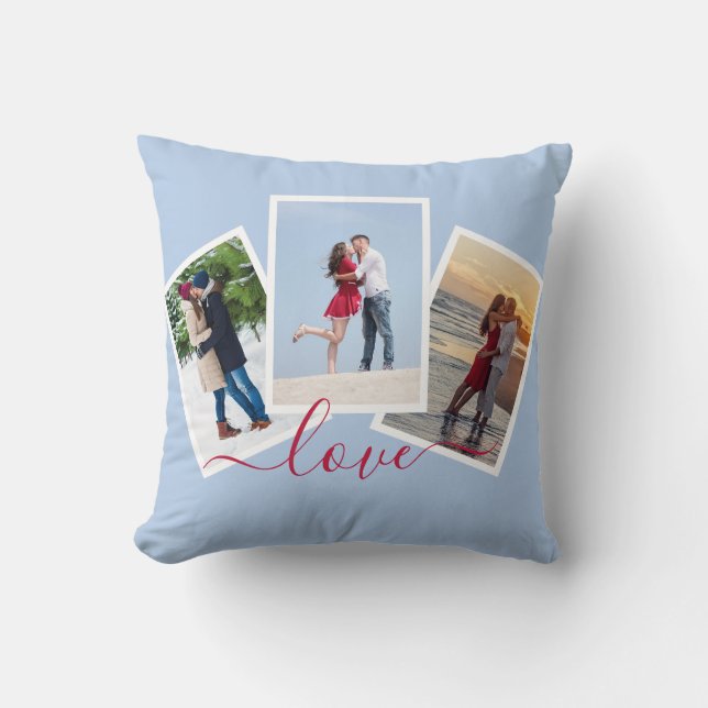 3 Photo Collage Love Red Script Light Blue Throw Pillow (Front)