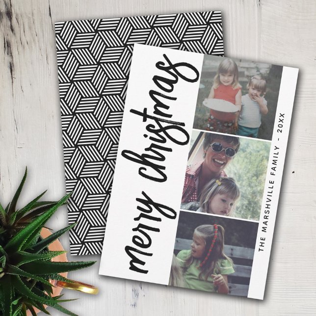 3 Photo Collage Merry Christmas - black white Holiday Card (Creator Uploaded)
