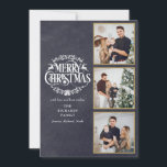 3 Photo Collage Merry Christmas Chalkboard Holiday Card<br><div class="desc">A stylish boho 3 photo collage holiday design for you to personalise with your favourite photos in gold frames,  message,  names and year on a chalkboard background. The reverse features falling snowflakes on a matching chalkboard background. Designed by Thisisnotme©</div>