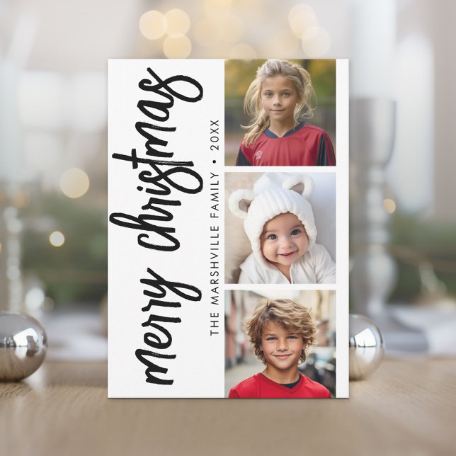 3 Photo Collage Minimal Rejoice Merry Christmas Holiday Card (3 Photo Online Christmas Card - Print and Download Options - Modern, Minimal Design)