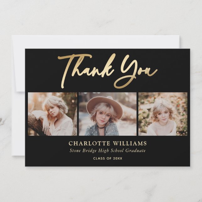 3 Photo Collage Modern Black Gold Graduation Thank You Card (Front)