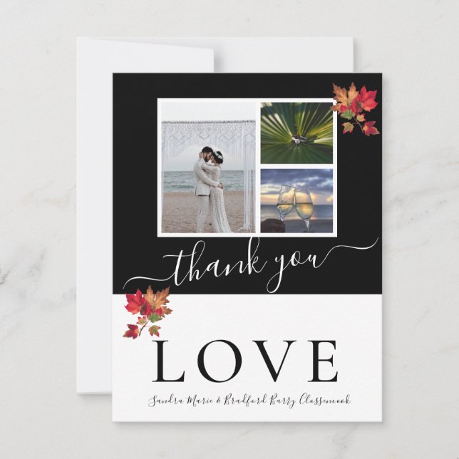 3 Photo collage  modern black  white autumn leaves Thank You Card (Front)