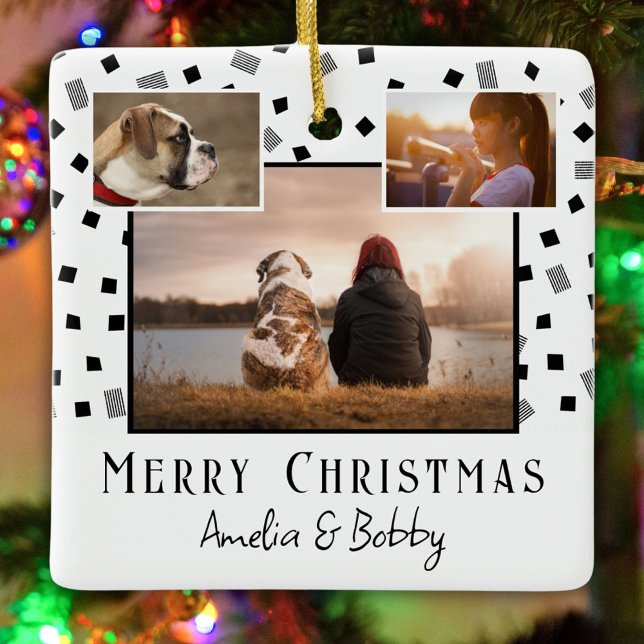 3 Photo Collage Modern Black White Christmas Ceramic Ornament (Creator Uploaded)