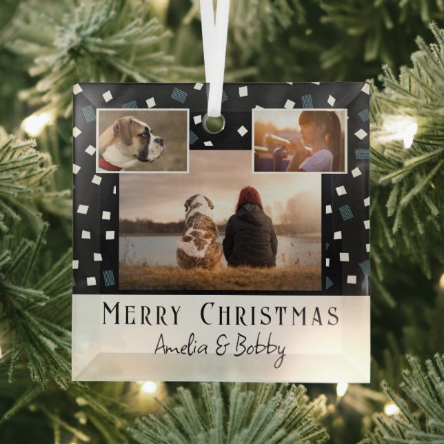 3 Photo Collage Modern Black White Christmas  Glass Ornament (Insitu)