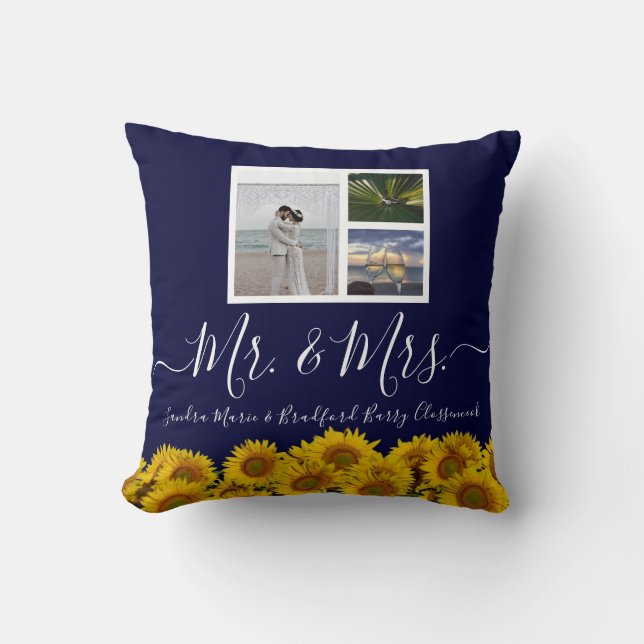 3 Photo collage modern blue sunflower Wedding  Throw Pillow (Front)