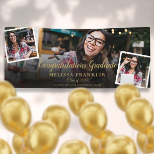 3 Photo Collage Modern Gold Graduation Party Banner
